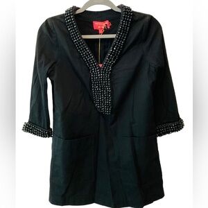 NEW Manoush Beaded Top Oriental Vintage Black Tunic V-Neck Cotton Size 38 US 6